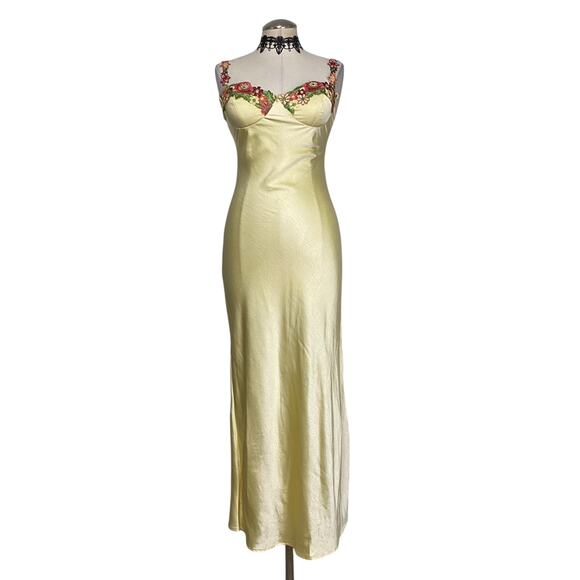 Realtix Coquette Floral Embroidery Shiny Yellow Full Length Gown - Picture 1 of 16